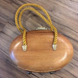 Vintage wood, leather and rope purse